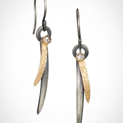 Frond Earrings // textured 14k, oxidized sterling + grey rose cut diamonds